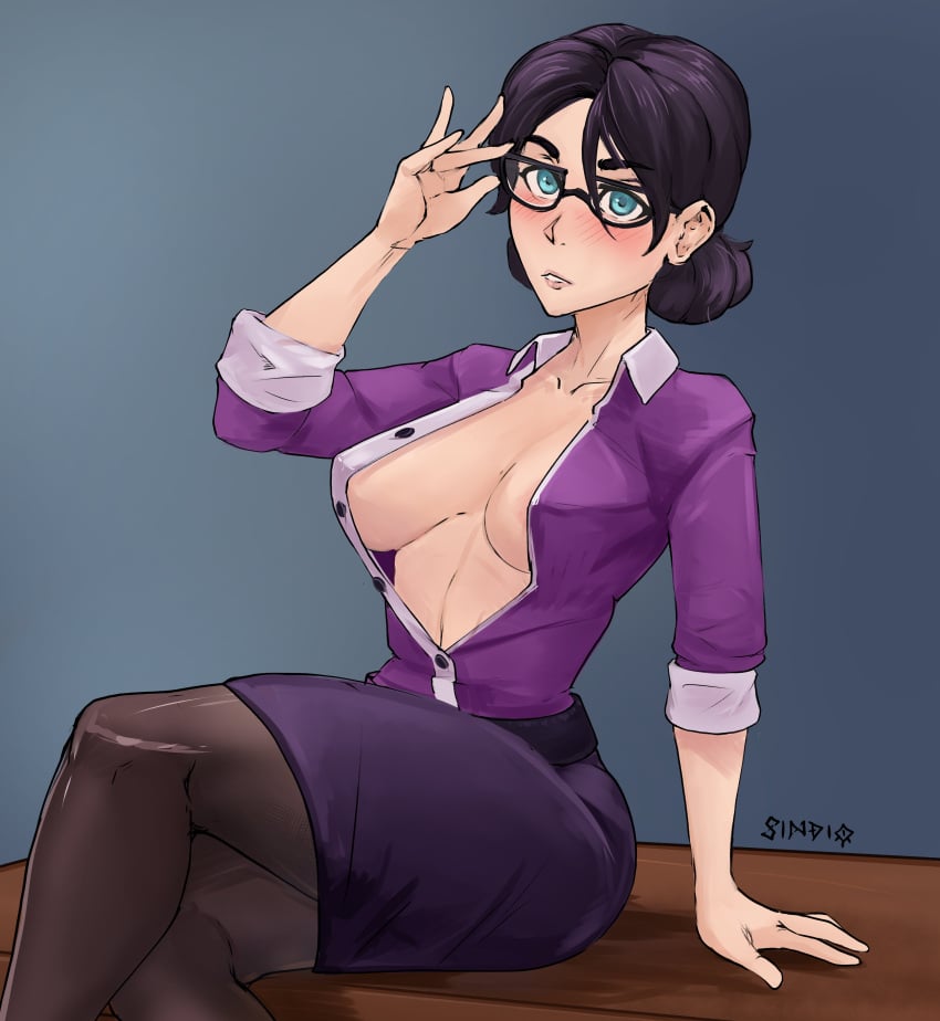 1girls big_breasts black_hair black_skirt blue_eyes blush breasts cleavage crossed_legs eyewear female female_only glasses hair leggings legs_crossed legwear miss_pauling office_lady open_shirt pencil_skirt purple_shirt shirt sindio skirt solo solo_female team_fortress_2