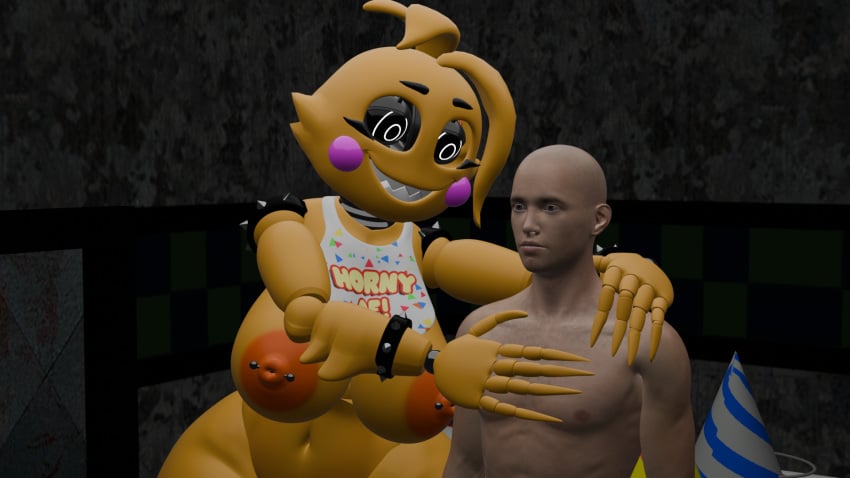 16:9 anthro bald bib chica_(fnaf) clothed clothing duo female five_nights_at_freddy's five_nights_at_freddy's_2 hi_res human humanoid karmanic_mizery long_fingers male male/female mammal nude nude_male partially_clothed scottgames smile thousand_yard_stare toy_chica_(fnaf) widescreen