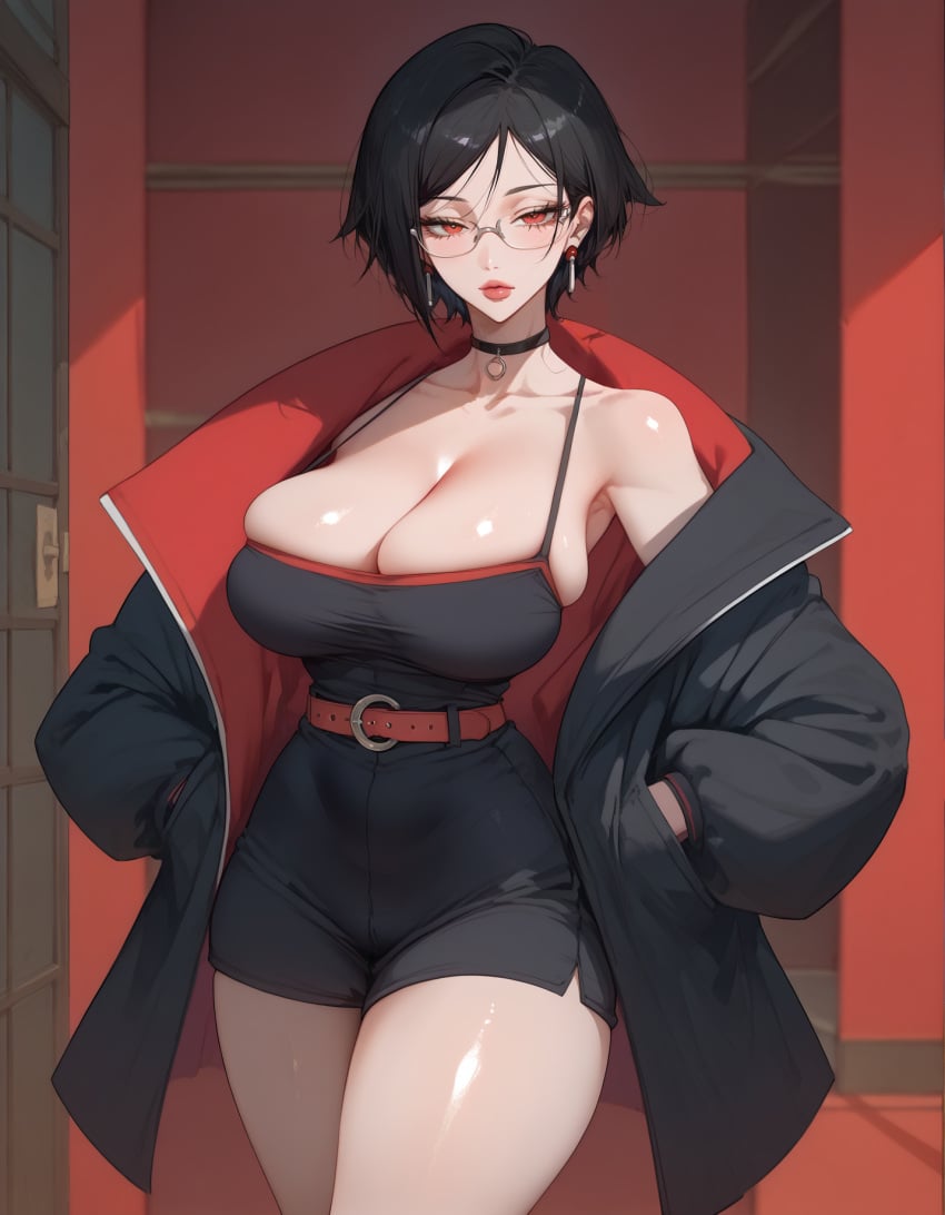 aged_up ai_generated bob_cut dark_hair huge_breasts lewdwaifulaifu looking_at_viewer naruto naruto_(series) red_eyes sarada_uchiha short_hair sideboob slim_waist