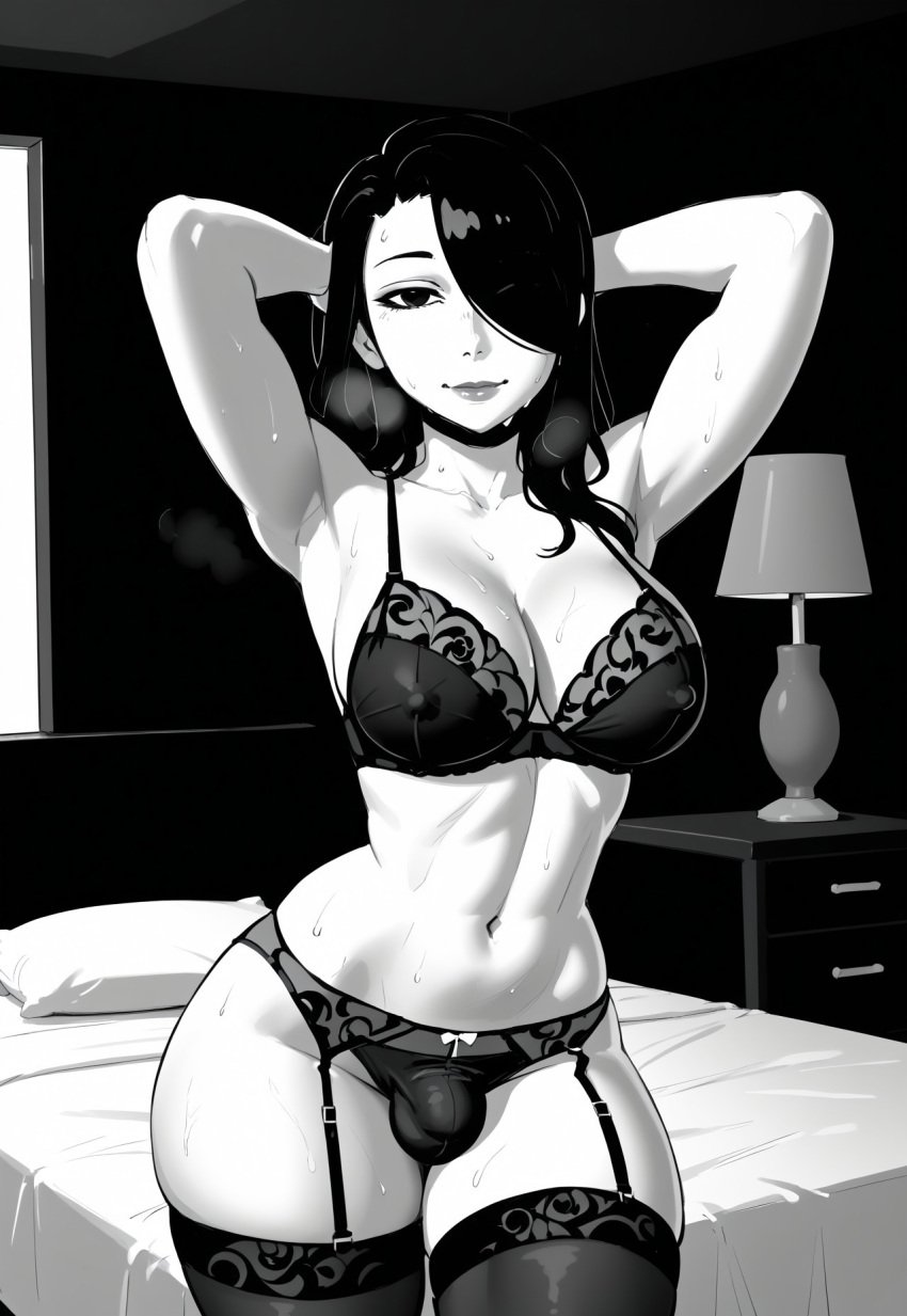 ai_assisted ai_generated alluring arms_behind_head arms_up bedroom bedroom_eyes black_and_white black_bra black_eyes black_hair black_lingerie black_panties bra bulge bulge_in_panties bulge_through_clothing civitai front_view futa_only futanari hair_over_one_eye hands_behind_head ihatethemic light_skin lingerie lingerie_bra lingerie_panties looking_at_viewer monochrome naked nila_(telepurte) nipple_bulge nude one_eye_covered one_eye_obstructed panties solo solo_focus solo_futa standing straight_hair sweat sweating sweaty tagme thick_ass thick_thighs thighhighs white_body white_skin wide_hips