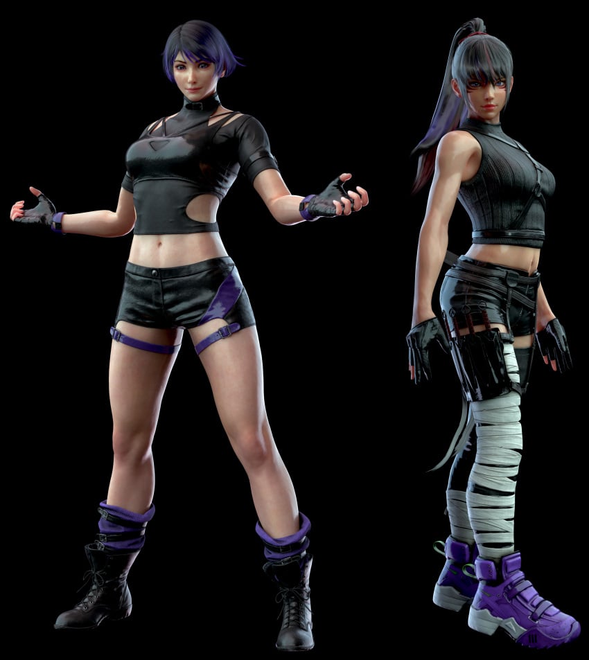 2girls alluring athletic_female black_and_purple_hair black_and_red_and_purple_hair bob_cut davidchikardi fit_female kitsune_marks kunimitsu kunimitsu_ii kunoichi lavender_eyes medium_breasts namco ponytail reina_mishima tekken tekken_8