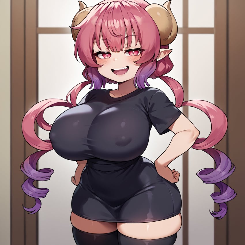 ai_generated bare_thighs dragon_girl dragon_horns gigantic_breasts horn horns huge_breasts huge_thighs ilulu_(dragon_maid) kobayashi-san_chi_no_maidragon light-skinned_female light_skin looking_at_viewer massive_breasts multicolored_hair nipples_visible_through_clothing pink_hair puffy_nipples red_eyes shortstack smiling smogai solo_female squatting sweat sweatdrop thick_body thick_female thick_thighs thighs voluptuous voluptuous_female