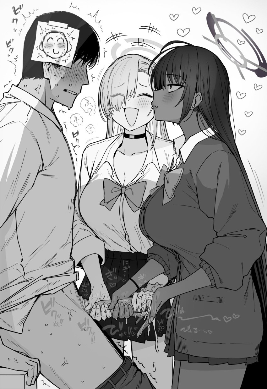 1boy 2girls absurdres asuna_(blue_archive) black_hair blue_archive breasts cardigan clothes_pull cooperative_handjob cum cum_on_body cum_on_hands dark-skinned_female dark_skin doodle_sensei_(blue_archive) erection femdom ffm_threesome from_side group_sex hair_over_one_eye halo handjob heart highres karin_(blue_archive) large_breasts monochrome multiple_girls official_alternate_costume pants pants_pull paper_on_head penis putama school_uniform sensei_(blue_archive) smile straight teamwork_(sexual) threesome trembling