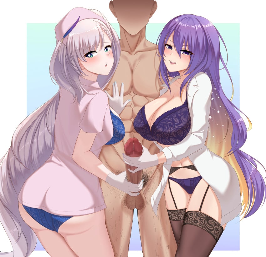 1boy 2girls ass blonde_hair blue_bra blue_eyes blue_panties blush bra braid breasts cleavage colored_inner_hair gloved_handjob gloves gradient_hair grey_hair hair_between_eyes hair_ornament handjob hat highres hololive hololive_indonesia hui_yu kneehighs lab_coat lace_trim large_breasts long_hair looking_at_viewer male_pubic_hair mature_female moona_hoshinova multicolored_hair multiple_girls navel nurse_cap open_mouth over-kneehighs panties pantyhose pavolia_reine penis pubic_hair purple_bra purple_eyes purple_hair purple_panties smile socks starry_hair thighhighs two-tone_hair underwear virtual_youtuber