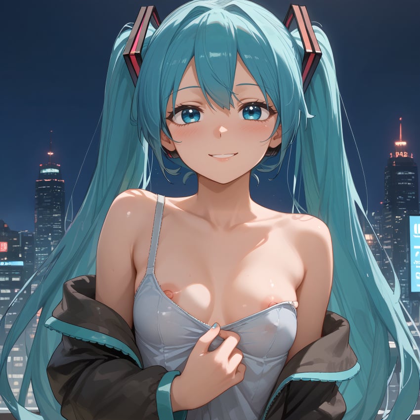 1girls ai_generated aqua_eyes aqua_hair artist_name artist_signature bangs bare_shoulders blush breasts building city city_lights cityscape collarbone hair_ornament hatsune_miku jacket kurutai long_hair looking_at_viewer night night_sky nipples off_shoulder outdoors patreon sky skyline skyscraper smile solo star_\(sky\) strap_slip twintails uncensored upper_body very_long_hair vocaloid