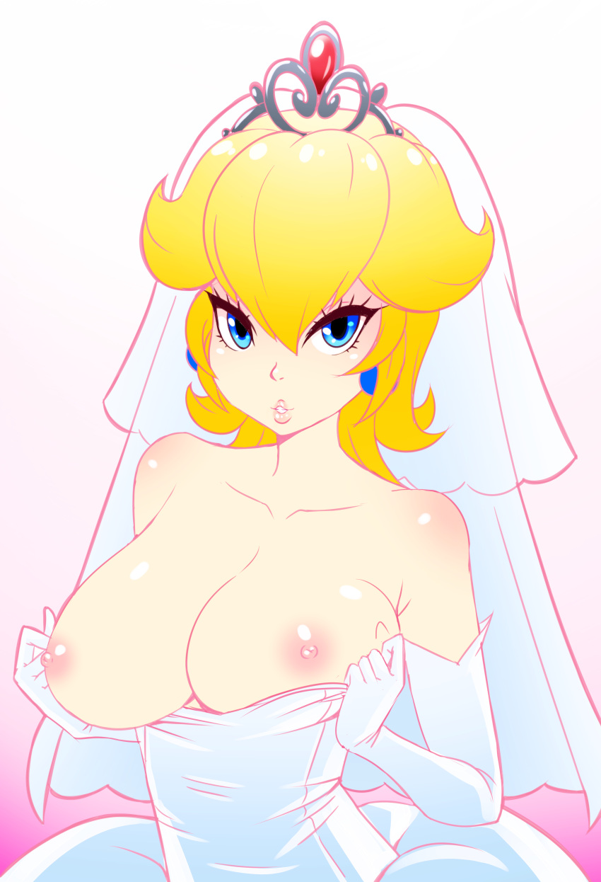 1girls 2018 5_fingers absurdres areola bare_shoulders big_breasts blonde_hair blue_eyes breasts breasts_out bridal_gown bridal_tiara bridal_veil cleavage crown dress dress_pull earrings elbow_gloves erect_nipples evildei eyelashes female female_only gloves gradient gradient_background hair_between_eyes highres human human_only long_hair looking_at_viewer mario_(series) nintendo nipples princess princess_peach royal royalty smile solo super_mario_odyssey undressing veil video_games voluptuous wedding_dress wedding_peach_(super_mario_odyssey) wedding_veil white_dress white_gloves