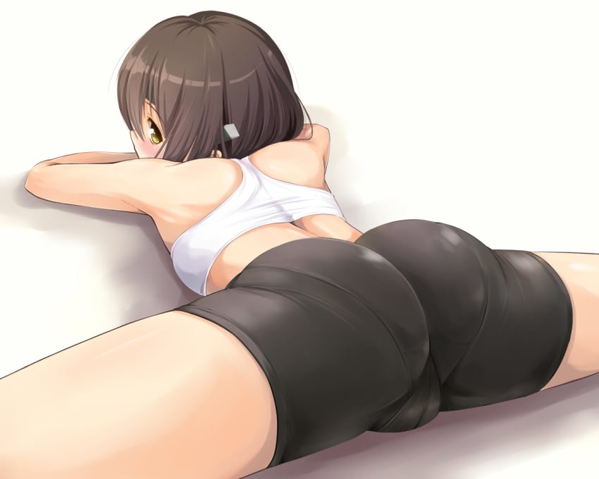 1girls alternate_costume ass bare_arms bare_shoulders bike_shorts blush brown_hair cameltoe female female_only flexible from_behind ipuu_(el-ane_koubou) kantai_collection looking_at_viewer looking_back lying midriff on_stomach pantylines short_hair simple_background solo splits sports_bra spread_legs stretching taihou_(kantai_collection) thighs trefoil underwear yellow_eyes