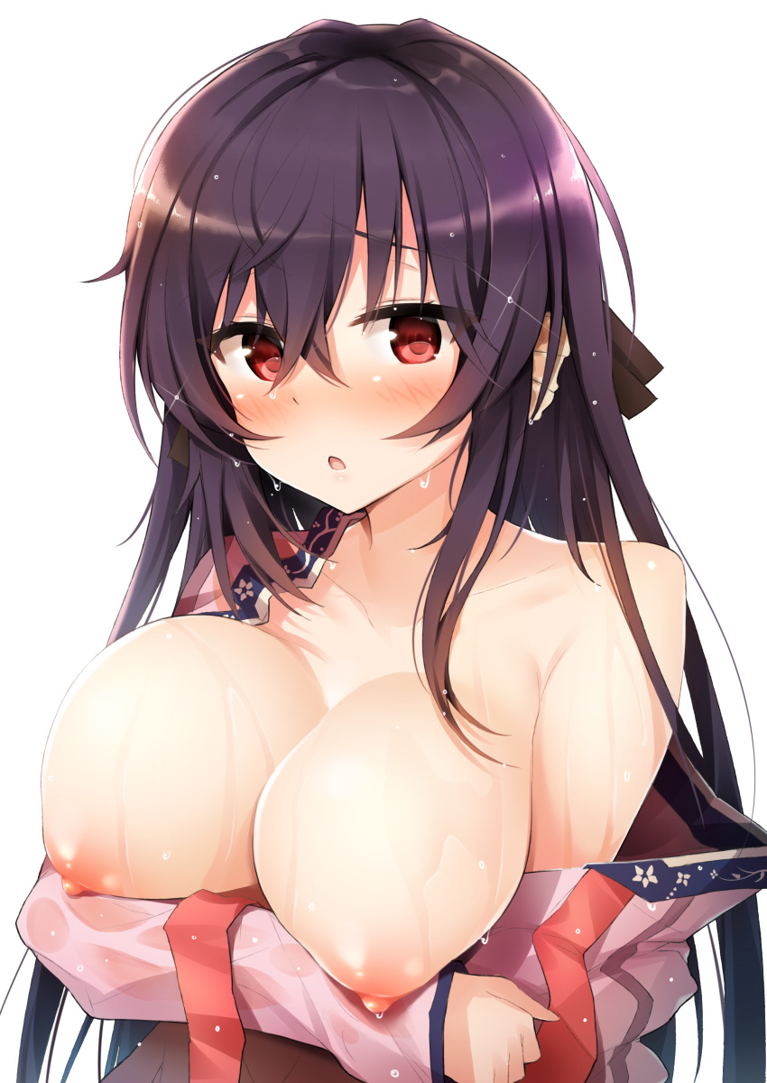 absurdres areolae black_hair black_ribbon blush boku_no_kanojo_wa_ningyohime!? breast_hold breasts breasts_out collarbone eyebrows_visible_through_hair female female_only hair_between_eyes hair_ribbon head_fins highres koma_ion large_breasts long_hair looking_at_viewer macchiato_(jae-min_cho) mermaid monster_girl nipples open_mouth puffy_nipples red_eyes ribbon see-through solo solo_female upper_body wet wet_clothes white_background