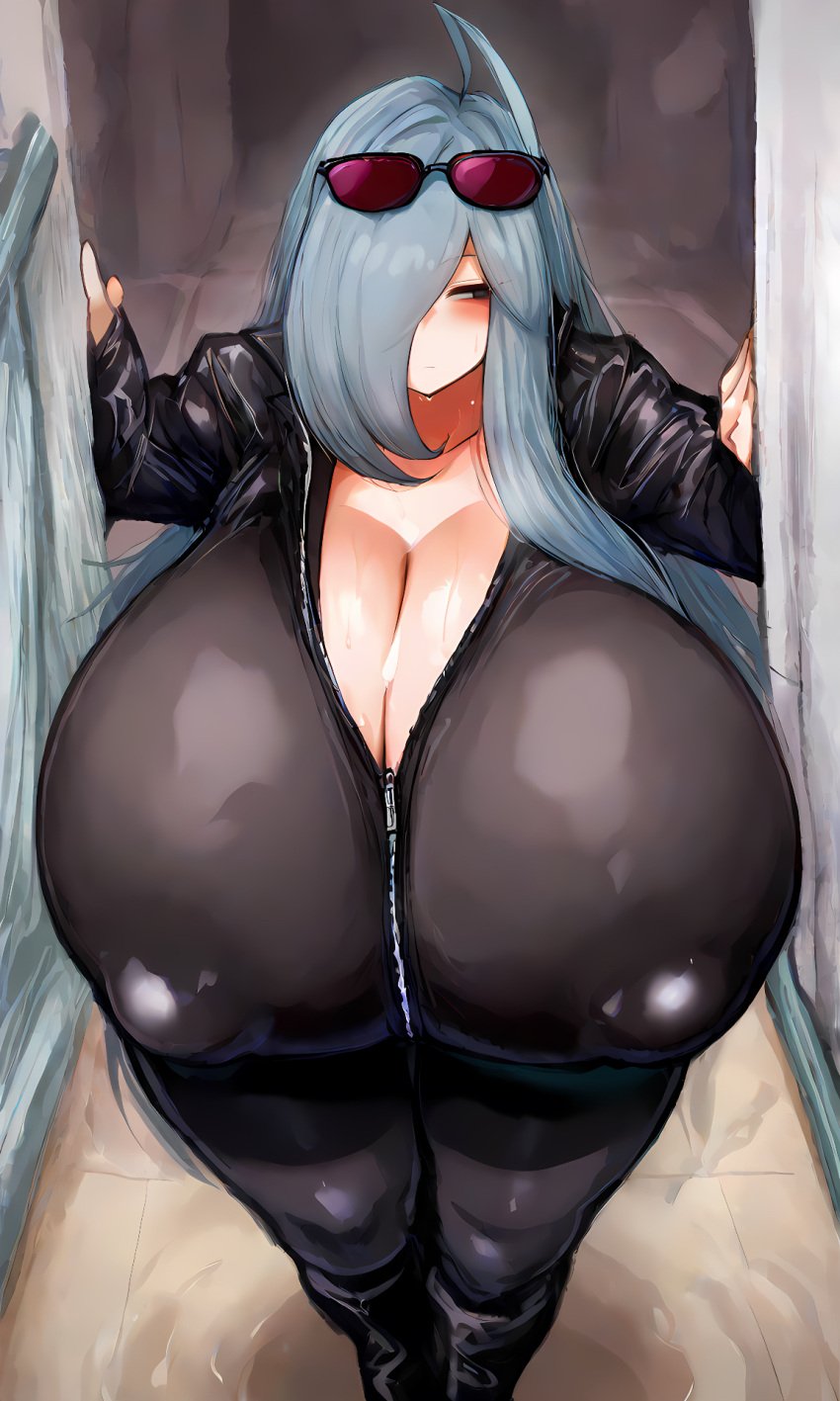 1girls ? ai_generated areola_bulge areolae_visible_through_clothing ass bags_under_eyes big_ass big_breasts biker biker_girl black_eyes blue_hair breasts breasts_bigger_than_head cleavage deep_cleavage female_focus gigantic_breasts grey_hair hair_over_one_eye hi_res highres huge_breasts large_breasts latex long_bangs long_hair mei's_mother_(2b213) milf mother open_clothes partially_clothed partially_unzipped pov self_upload sn7314 solo solo_female solo_focus steaming_body sunglasses sweat sweatdrop sweaty sweaty_body thick_thighs thighs tight_clothing two_tone_hair wide_hips