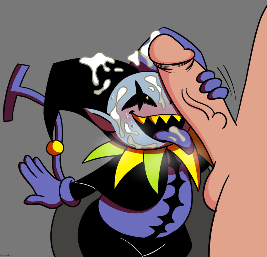 balls cum cum_on_face deltarune gay handjob jevil_(deltarune) kuruko male penis size_difference yaoi