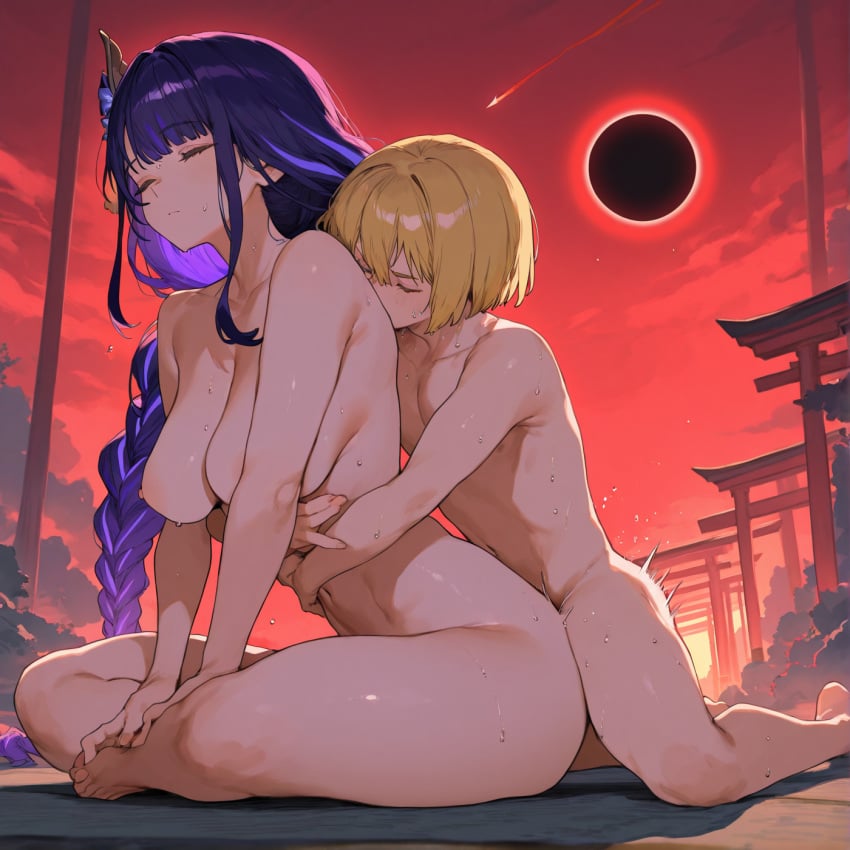 ai_generated calm closed_eyes eclipse femboy femboy_on_female fucked_from_behind genshin_impact meditation raiden_shogun red_sky sitting sitting_sex sweat taller_female taller_girl