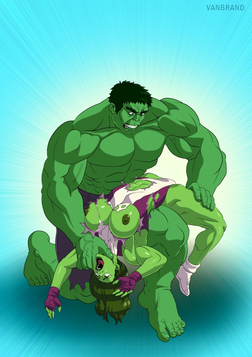 1boy 1girls abs arched_back backbreaker big_breasts breasts cousins defeated female green_skin hulk hulk_(series) in_pain male marvel marvel_comics muscles muscular_female muscular_male nipples over_the_knee rolling_eyes ryona she-hulk size_difference torn_clothes torn_clothing torn_leotard vanbrand veiny_muscles wrestling wrestlingryona