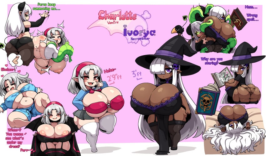 absurd_res areola ass balls big_breasts big_butt biped book bottomwear breasts butt_slap cleavage clothed clothing demon demon_humanoid female female_penetrated garter_straps genitals group hat headgear headwear heart_symbol hi_res huge_breasts huge_butt humanoid legwear looking_at_viewer looking_back nipples no_underwear not_furry open_mouth panties penetration penis pink_background pussy reddened_butt short_stack simple_background skirt slap smile spade_tail stomach_bulge tail tentacle tentacle_around_leg theyeager thick_thighs thigh_highs underwear vampire witch_hat