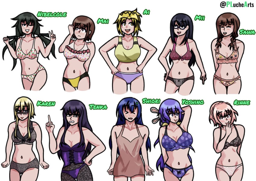 10girls 1boy black_hair black_underwear blonde_hair blue_hair blue_underwear bondage_outfit brown_hair date_a_live female femboy fujibakama_mii hazakura_mai himekawa_yoshino itsuka_shido itsuka_shiori karen_nora_mathers light-skinned_female light-skinned_male nibelcole pink_hair pink_underwear pluchearts purple_hair sonogami_rinne underwear white_underwear yamabuki_ai yamauchi_sawa yellow_underwear