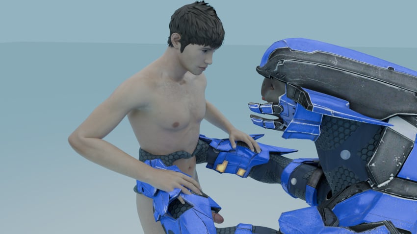 16:9 alien anthro armor blue_armor brown_hair duo erection female genitals hair halo_(series) hi_res holding_waist human humanoid karmanic_mizery male male/female mammal microsoft penis sangheili scaroused widescreen xbox_game_studios