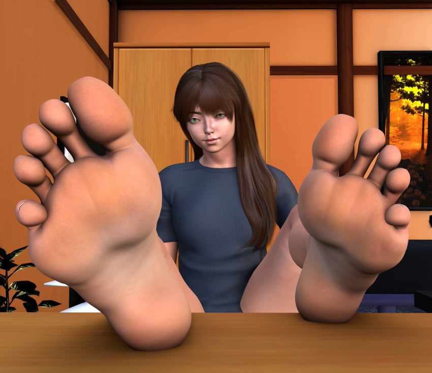 3d 3d_(artwork) blue_eyes brown_hair dark_hair dark_skin feet feet_focus feet_on_table feet_up female female_focus female_only foot_fetish foot_focus foot_tease footfetishrenders geneva_(footfetishrenders) looking_at_viewer oc original_character smiling tease teasing teasing_viewer