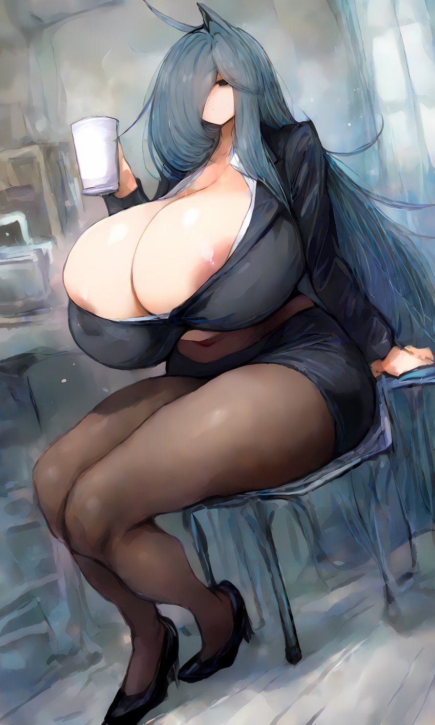 1girls ? ai_generated areola_bulge areola_slip areolae_visible_through_clothing bags_under_eyes big_breasts black-framed_eyewear black_bra black_eyes black_pantyhose black_suit blue_hair breasts breasts_bigger_than_head breasts_out cleavage exposed_underwear female_focus gigantic_breasts grey_hair hair_over_one_eye hi_res highres holding_object huge_breasts large_breasts long_bangs long_hair mei's_mother_(2b213) milf mother office_lady open_clothes pencil_skirt pov self_upload sn7314 solo solo_female solo_focus sweat sweatdrop thick_thighs thighs tight_clothing two_tone_hair white_shirt