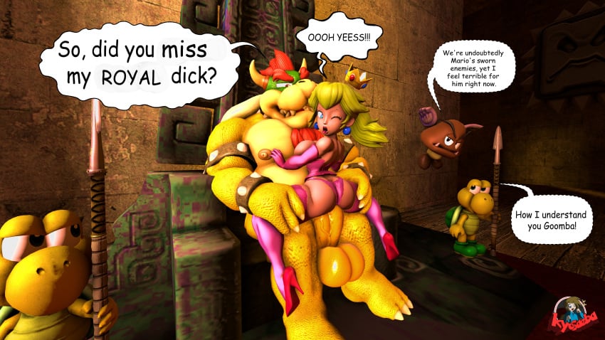 1girls 3d 3d_(artwork) 4boys anthro armwear balls ballsack big_balls big_penis bikini bikini_bottom bikini_top blonde_hair blue_eyes bowser bubble_butt chest_hair clothing cowgirl_position crown dialogue erection female furry furry_male genitals goomba horns huge_balls huge_cock human human_on_anthro indoors interspecies king koopa koopa_troopa kyosaeba large_balls large_penis larger_male light-skinned_female light_skin looking_back male male/female male_nipples mammal mario_(series) multiple_boys nintendo nipples open_mouth penis penis_in_pussy pink_armwear pink_bikin pink_bikini_bottom pink_bikini_top pink_legwear princess princess_peach reptile royalty scalie sex sitting size_difference smaller_female straight straight_sex text text_bubble