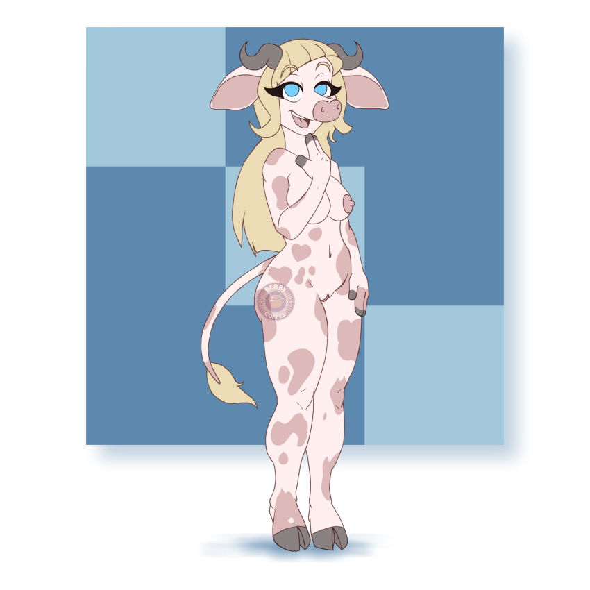 anna anthro berriesandcoffee blue_eyes bovine breasts cattle female hooves horns mammal nipples pussy solo spots