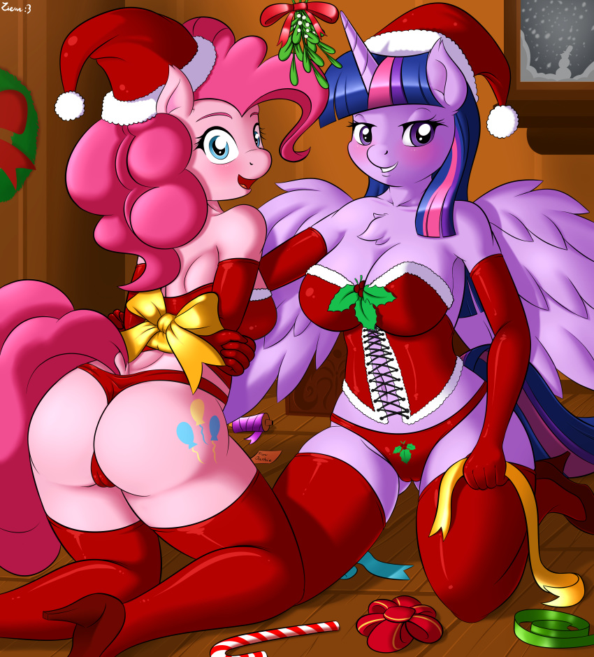 2015 2girls absurd_res alicorn anthro anthrofied ass blue_eyes blush breasts busty candy candy_cane christmas cleavage clothing corset cutie_mark duo earth_pony elbow_gloves equine food friendship_is_magic gloves hair hat hi_res high_heels holding holidays horn horse inside kneeling legwear mammal mistletoe mistletoe_in_cleavage multicolored_hair my_little_pony open_mouth pink_hair pinkie_pie_(mlp) plant pony princess_twilight_sparkle_(mlp) purple_eyes ribbons santa_hat smile straight_hair thigh_highs twilight_sparkle_(mlp) voluptuous wings ziemniax