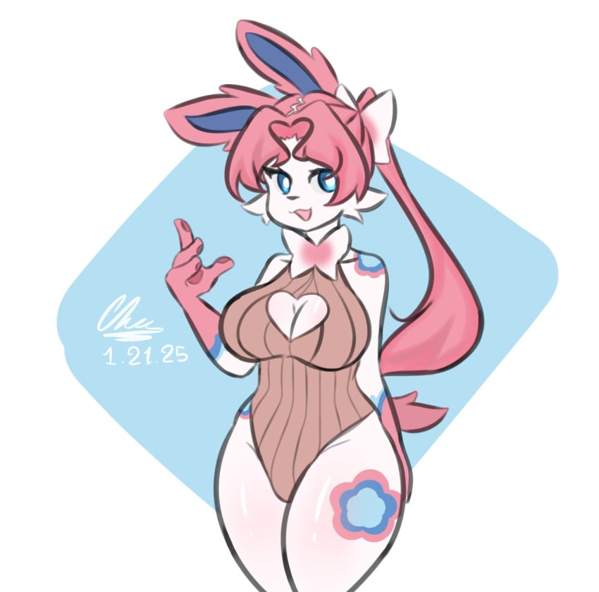 anthro areola belly big_breasts blue_eyes blue_sclera bow_ribbon breasts cheek_tuft couldbecheese eeveelution facial_tuft female female_only furry furry_female furry_only generation_6_pokemon multicolored_body nintendo nymphia pink_tail pokemon pokemon_(species) solo solo_female sylveon tail thick_thighs tuft white_eyes wide_hips