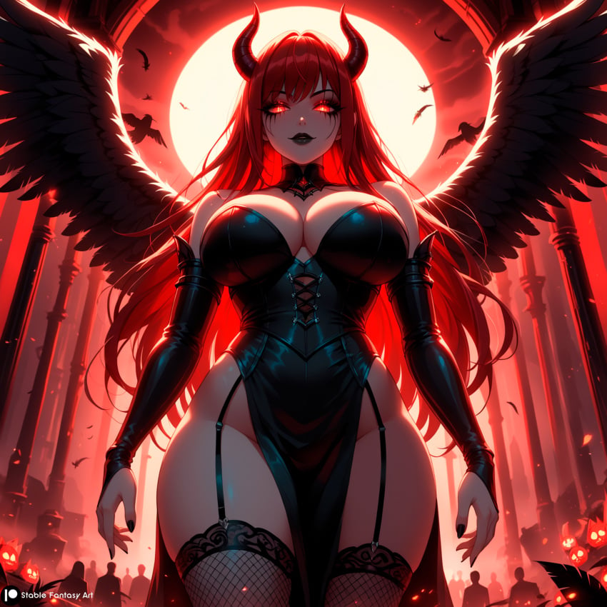 1female 1girls ai_generated ass bangs belly_button big_ass big_breasts black_dress black_wings blush blushing_at_viewer boob breasts child_bearing_hips curvy curvy_female curvy_figure dark_aura demon demon_girl demon_horns devil devil_horns dress fallen_angel fantasy female femdom fire_eyes from_below horn horns horny huge huge_ass innie_belly_button light-skinned_female long_hair looking_at_viewer morrigan_(stblfantasy) navel original outdoors pale-skinned_female patreon presenting_breasts princess red_hair sadistic shiny_skin solo solo_female solo_focus stable_diffusion stblfantasy thick thick_thighs thighhighs thighs toned toned_body toned_female very_long_hair voluptuous voluptuous_female warrior