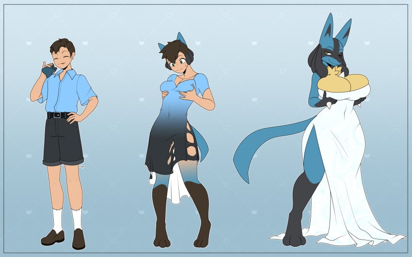 alternate_costume anthro big_breasts black_body black_fur black_hair blue_body blue_fur body_size_growth breast_growth breasts clothed clothing clothing_swap colored crizostar dress drinking expansion female fur gender_transformation generation_4_pokemon growth hair hair_shrinking hand_on_breast happy hi_res human looking_at_self lucario male mammal mtf_transformation nintendo one_eye_closed pokemon pokemon_(species) potion sequence size_transformation solo species_transformation spikes spikes_(anatomy) surprised_expression tail tail_growth thick_thighs thigh_expansion torn_clothing transformation wink yellow_body yellow_fur