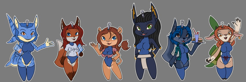 2021 4_fingers 6girls absurd_res anthro anubian_jackal black_hair blue_body blue_eyes blue_hair blue_legwear blue_leotard blue_tights bodysuit bovid bovid_humanoid bovine breasts brown_eyes brown_fur brown_hair burger candice_(libra-11) canid canine canis chibi chibi_style curvaceous curvaceous_female curvaceous_figure curvy curvy_female curvy_figure digital_art digital_drawing_(artwork) digital_media digital_media_(artwork) dreadlocks featureless_breasts felid felid_humanoid feline feline_humanoid female female_only fish fish_humanoid fish_tail food fox fries furry furry_female furry_only goat green_eyes green_tail grey_background group hi_res holding_object holding_tray jackal latex latex_bodysuit latex_skinsuit latex_suit leotard libra-11 lion lioness logo_on_clothes logo_on_shirt mammal menu milkshake nissah_(libra) orange_eyes shark shark_girl shark_humanoid simple_background skin_tight skin_tight_suit skinsuit sticker sticker_template stickers striped_body striped_tail t-shirt tail thick_thighs tray waving white_outline wide_hips