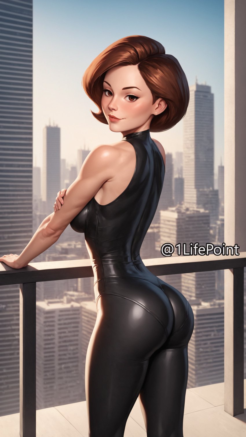 1lifepoint ai_generated ass bodysuit dat_ass disney elastigirl from_behind helen_parr highres leather looking_at_viewer looking_back mature_female milf patreon sleeveless the_incredibles