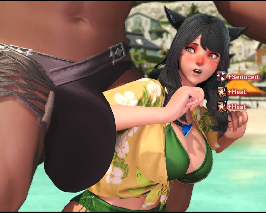 3d beach black_hair blush body_markings breasts bulge cat_ears cev_(xiv) cev_rosa clothed clothing debuff facial_markings female final_fantasy final_fantasy_xiv gameplay_mechanics gpose(ffxiv) green_eyes honeysham huge_bulge large_breasts long_hair looking_at_bulge male miqo'te nose_blush shocked shocked_expression size_difference square_enix status_effect swimsuit