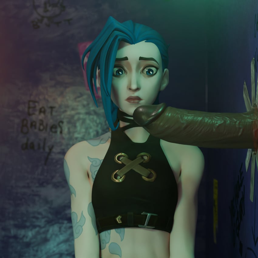 3d 3d_(artwork) 3d_model 3d_render anticipation arcane before_oral before_sex big_penis black_penis blast1qq confused crop_top female female_focus female_only glory_hole huge_cock jinx_(arcane) jinx_(league_of_legends) league_of_legends light-skinned_female light_skin looking_at_penis nightclub penis waiting watching