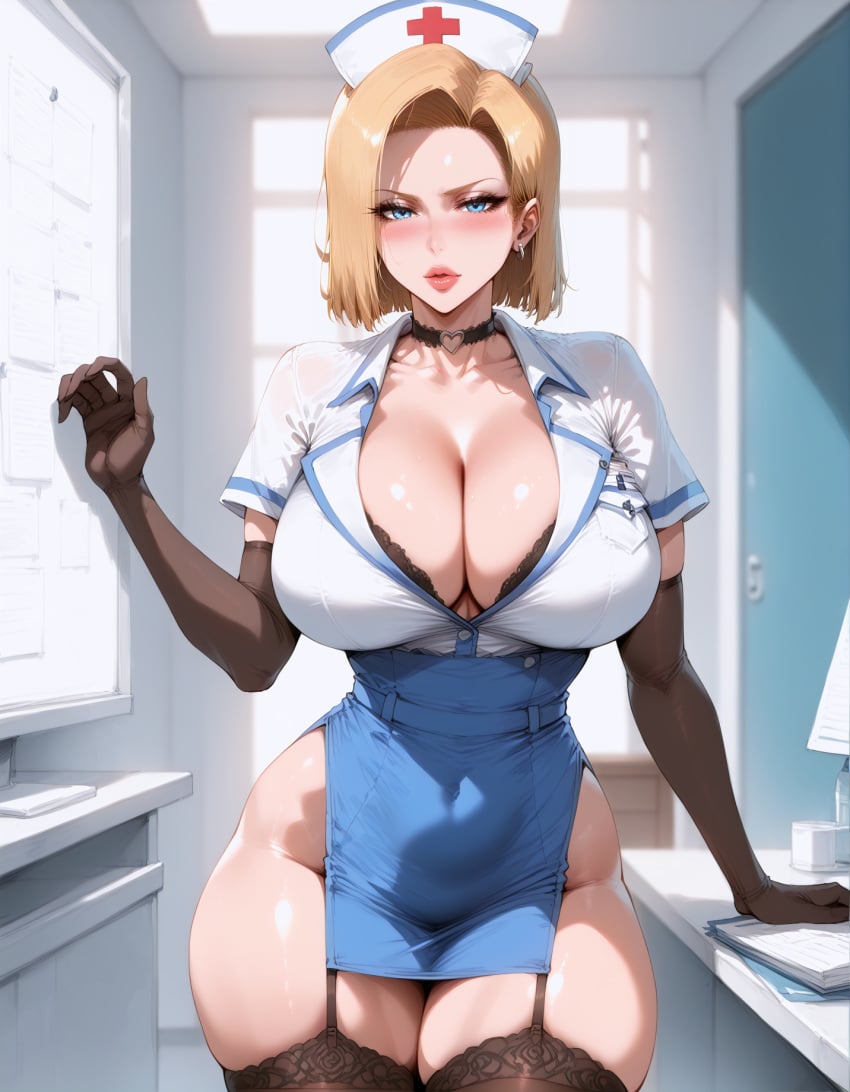 ai_generated android android_18 big_breasts blue_eyes bob_cut dragon_ball hospital lewdwaifulaifu lingerie looking_at_viewer nurse_uniform short_hair