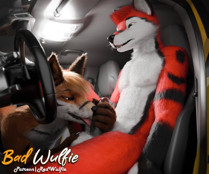 3d_(artwork) 5_fingers 6:5 absurd_res anthro ass balls biped black_nose blender_(artwork) blender_cycles canid canine canis car claws digital_media_(artwork) digitigrade duo eyebrows fingers fluffy fox fur genitals gloves_(marking) hair hi_res licking male male/male male_anthro mammal markings nude oral orange_body orange_fur pawpads paws penile penis penis_lick realistic red_(red_wulfie) red_body red_fox red_fur red_wulfie sex tail tongue true_fox vehicle watermark whiskers white_body white_fur white_whiskers wolf