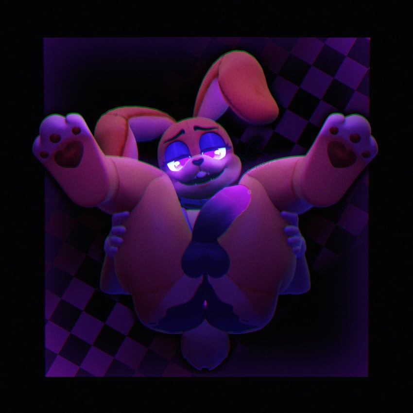 1:1 3d anthro anus ass balls bedroom_eyes black_border blender_(artwork) border bottomless bottomless_anthro bottomless_male buckteeth checkered checkered_background chromatic_aberration clothed clothing digital_media_(artwork) erection five_nights_at_freddy's five_nights_at_freddy's:_help_wanted genitals glitchtrap gloves glowing glowing_eyes handwear hi_res humanoid_genitalia humanoid_penis lagomorph legs_up leporid lying male mammal narrowed_eyes on_back open_mouth open_smile pattern_background pawpads penis presenting presenting_anus presenting_hindquarters presenting_penis purple_balls purple_butt purple_penis rabbit scottgames scut_tail seductive sharp_teeth short_tail simple_background smile smiling_at_viewer solo spread_legs spreading tail teeth thick_thighs white_clothing white_gloves white_handwear xxkandibunzxx