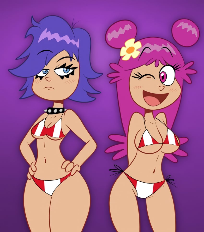 ami_onuki big_breasts bikini blue_hair breasts cartoon_network casual choker collar edited edited_image edited_official_artwork eyeliner hair_ornament hands_behind_back hands_on_hips happy hi_hi_puffy_amiyumi human narrow_shoulders navel neckwear pale_skin peruvian_flag peruvian_flag_bikini pink_hair punk scobionicle99 small_breasts spiked_bracelet spiked_choker spiked_collar spikes swimwear thick_thighs thin_arms thin_waist underboob warner_brothers wide_hips winking wristwear yumi_yoshimura