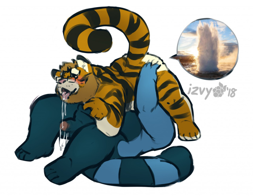 2018 69_position anthro belly cum duo erection feline fellatio fur izvy male mammal nude oral overweight overweight_male penis raspberrybutt red_panda sex simple_background slightly_chubby tiger tongue tongue_out yaoi