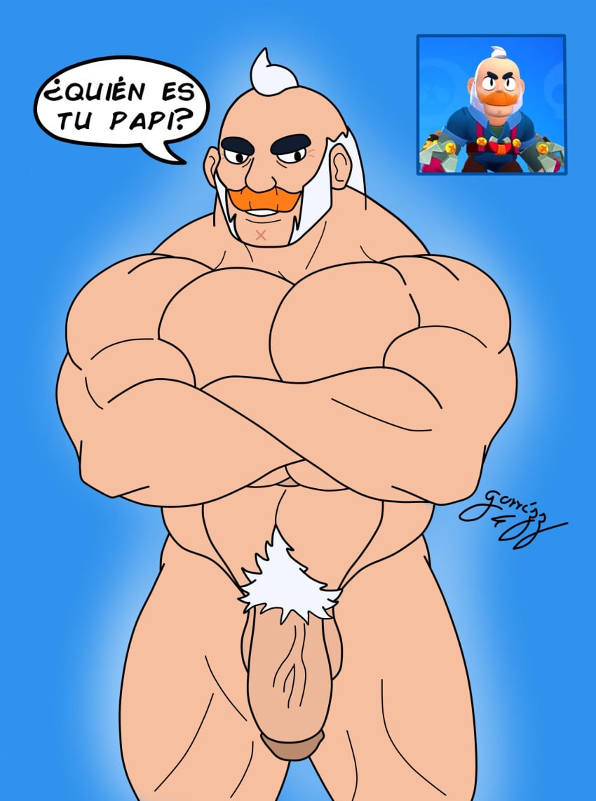 ass balls bara big_muscles brawl_stars breasts daddy exhibitionism gay gorrizz hair moustache muscles muscular old penis provocative pubic_hair sam_(brawl_stars) spanish_text text