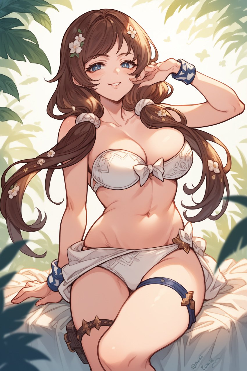 ai_generated bikini blue_eyes brown_hair busty curvy_female curvy_figure female female_only flower_in_hair granblue_fantasy happy large_breasts low_twintails navel raziel_(granblue_fantasy) thighs twintails white_bikini