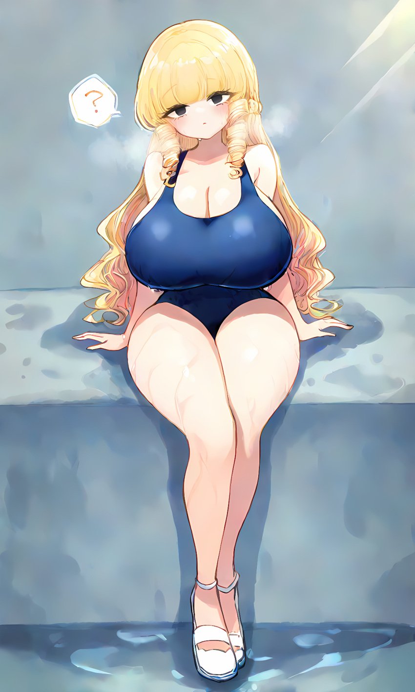 1girls ? ai_generated big_breasts black_eyes blonde_hair blue_one-piece_swimsuit breasts cleavage confused drill_hair female_focus hi_res highres huge_breasts kaneda_mochiko large_breasts long_hair mount_celeb_kaneda-san one-piece_swimsuit self_upload sitting sn7314 solo solo_female solo_focus wet