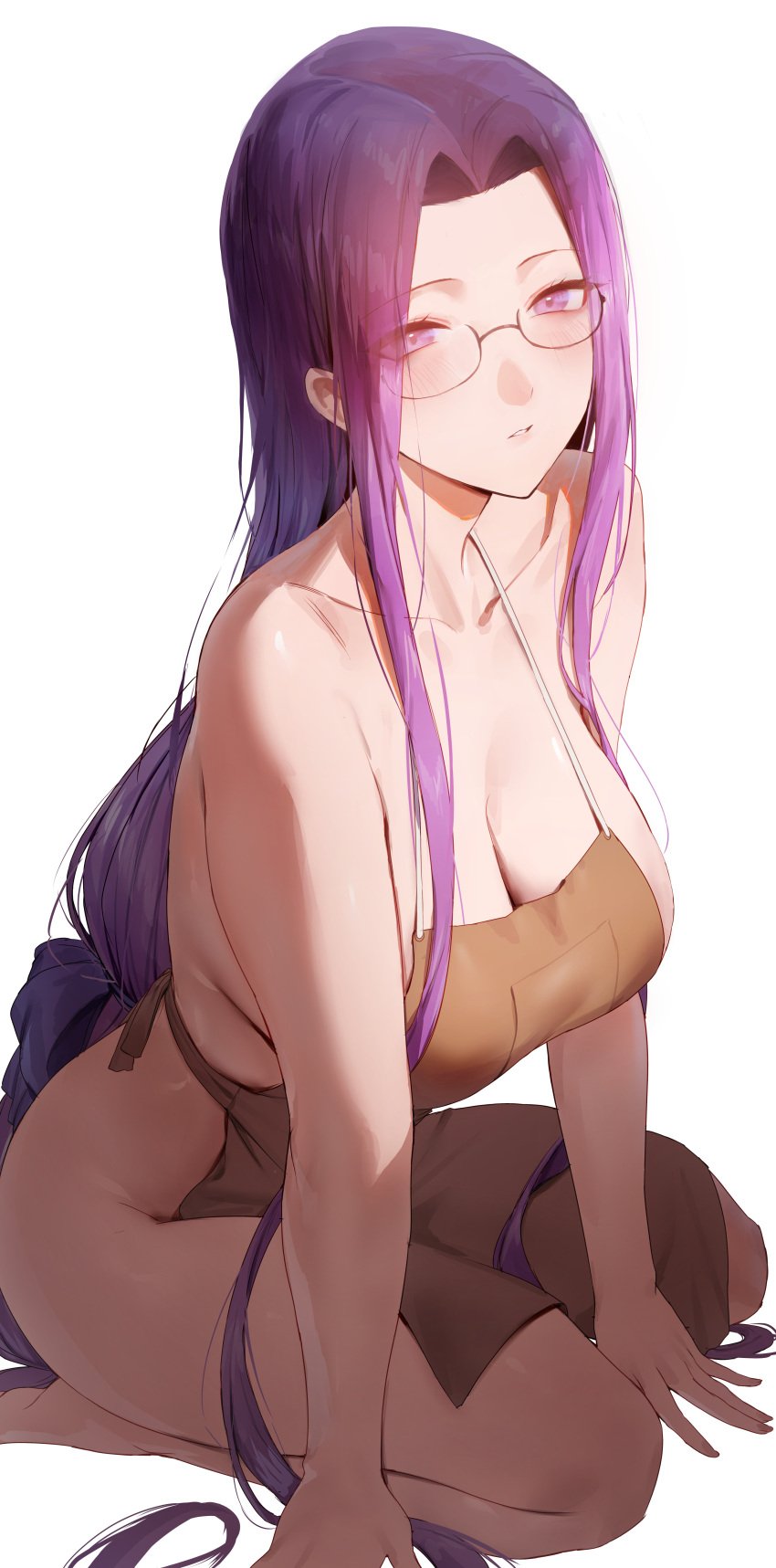 1girls absurd_res apron big_breasts blush breasts cleavage fate/grand_order fate/stay_night fate_(series) female female_only glasses hi_res kneeling large_breasts long_hair looking_at_viewer medusa_(fate) naked_apron purple_hair rororo solo