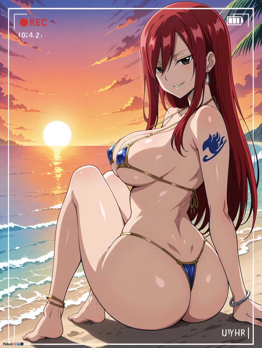 ai_generated anklet arm_support arm_tattoo artist_name ass bangle barefoot beach bikini black_eyes blue_bikini blush bracelet breasts brown_eyes character_name cleavage cloud earrings erza_scarlet fairy_tail feet female grin hair_between_eyes jewelry large_breasts lens_flare long_hair looking_at_viewer micro_bikini multi-strapped_bikini ocean outdoors parted_lips phibsai red_hair shiny shiny_skin shoulder_tattoo sitting sky smile solo stable_diffusion sun sunset swimsuit tattoo thong_bikini water