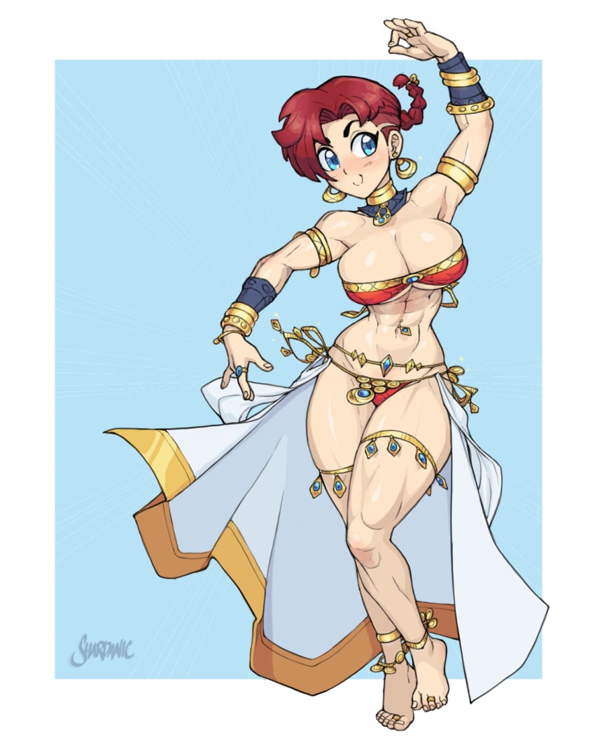 athletic_female belly_dancer belly_dancer_outfit blue_eyes cleavage fit_female harem_girl harem_outfit huge_breasts jewelry navel_piercing original original_character red_hair shardanic