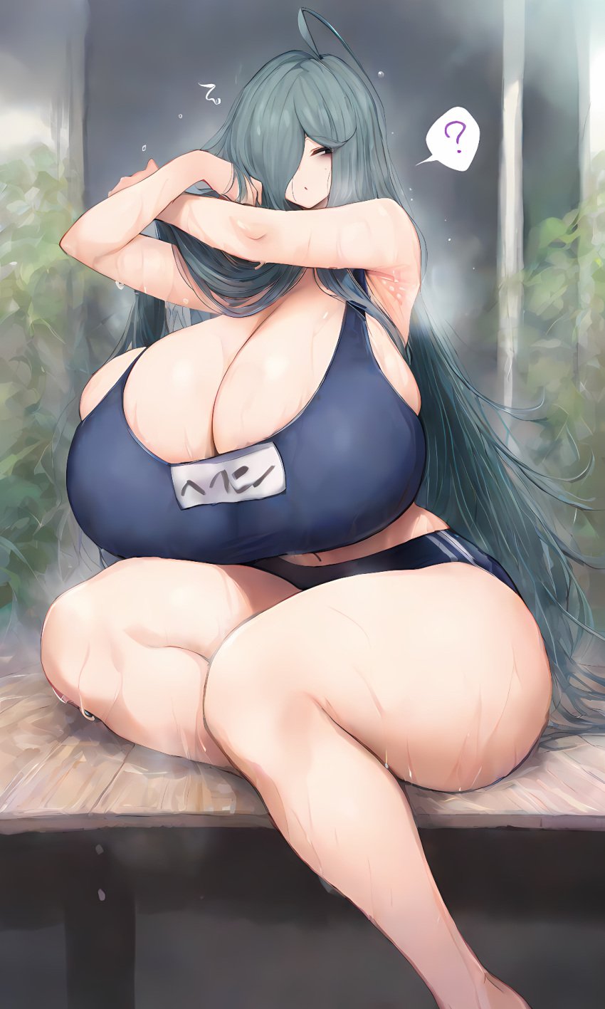 1girls ? ai_generated armpit_crease armpits bags_under_eyes big_breasts black_eyes blue_hair breasts cleavage confused exposed_midriff exposed_navel female_focus gigantic_breasts grey_hair gym_uniform hair_over_one_eye hi_res highres huge_breasts large_breasts long_hair mei's_mother_(2b213) midriff milf mother navel self_upload sitting sn7314 solo solo_female solo_focus sweat sweatdrop sweating sweaty sweaty_body thick_thighs thighs two_tone_hair