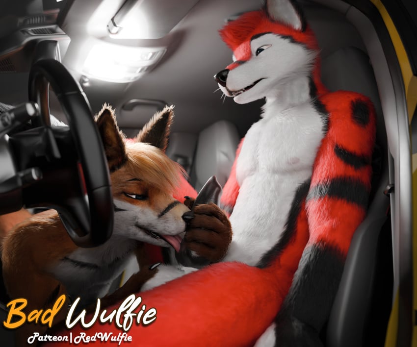 3d_(artwork) 5_fingers 6:5 absurd_res anthro ass balls biped black_nose blender_(artwork) blender_cycles canid canine canis car claws digital_media_(artwork) digitigrade duo eyebrows fingers fluffy fox fur genitals gloves_(marking) hair hi_res licking male male/male male_anthro mammal markings nude oral orange_body orange_fur pawpads paws penile penis penis_lick realistic red_(red_wulfie) red_body red_fox red_fur red_wulfie sex tail tongue true_fox vehicle watermark whiskers white_body white_fur white_whiskers wolf