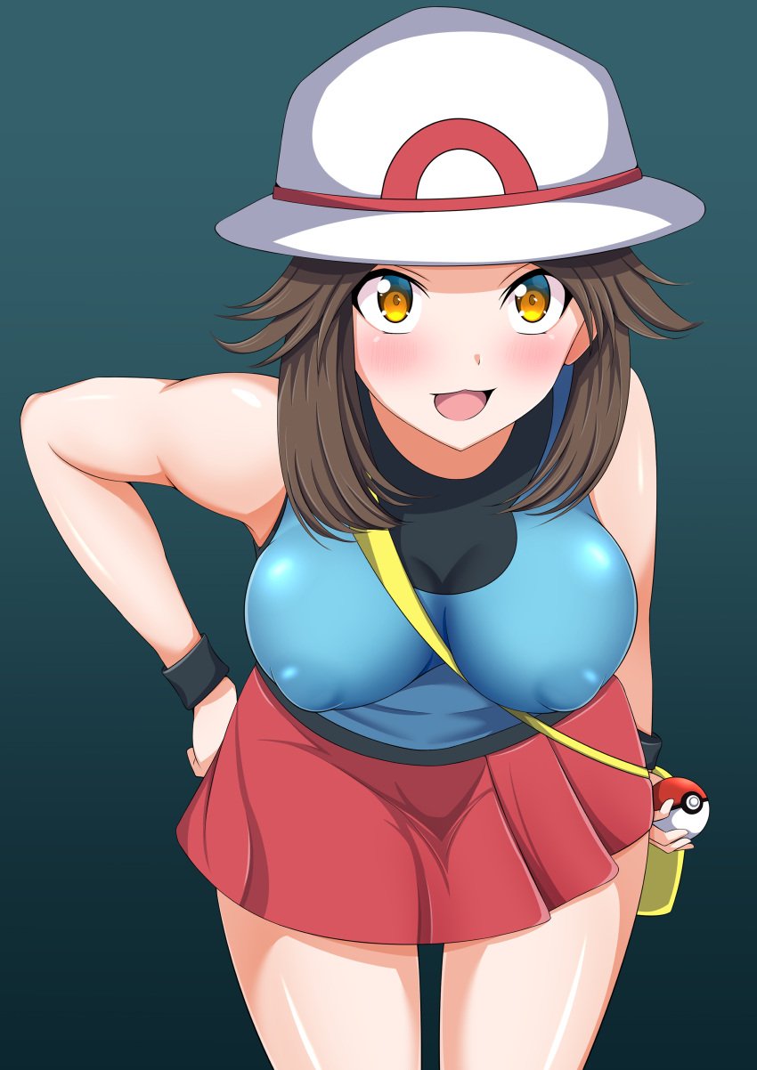 1girls :d absurd_res big_breasts blush breasts brown_hair creatures_(company) game_freak gold_eyes gradient_background handbag hat hi_res impossible_clothes kyukkyu leaf_(pokemon) leaning_forward looking_at_viewer medium_hair miniskirt nintendo nipple_bulge open_mouth poke_ball poke_ball_(basic) pokemon pokemon_frlg simple_background skirt sleeveless smile solo standing thigh_gap