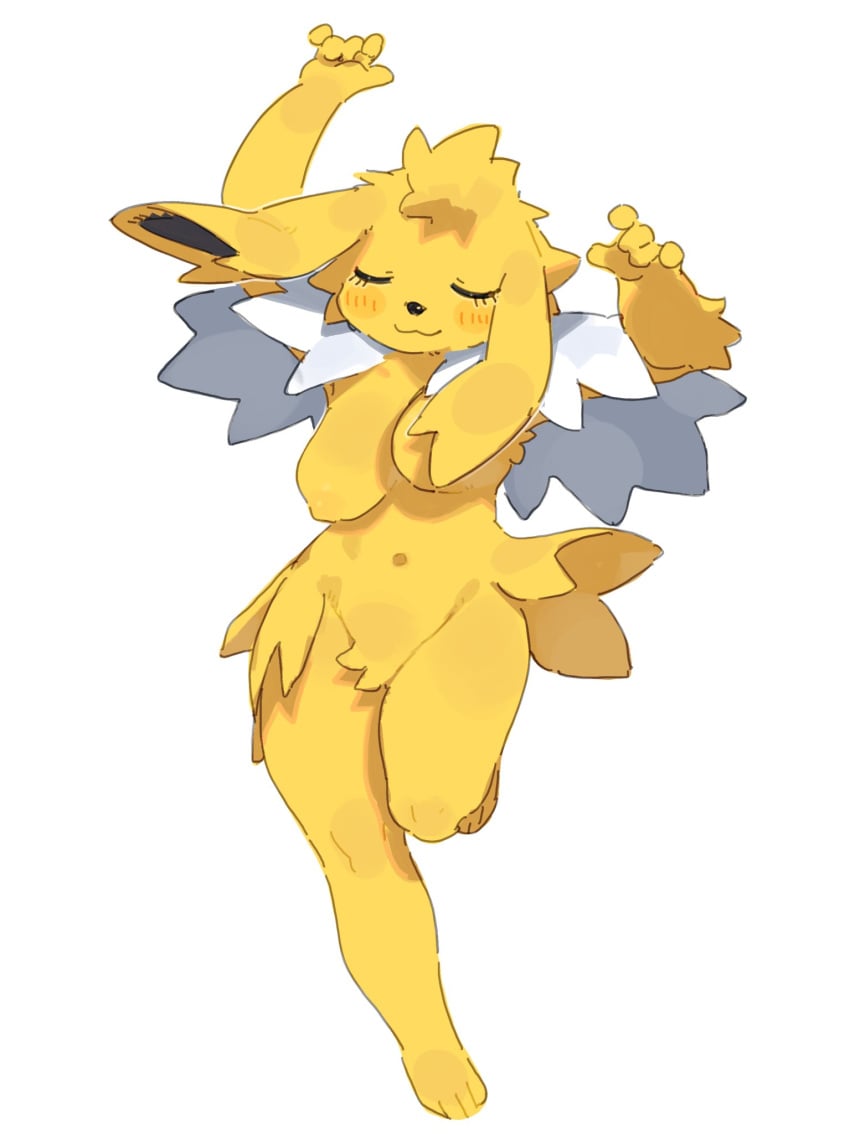 4_toes 5_fingers anthro areola blush breasts closed_eyes eeveelution feet female fingers front_view fur generation_1_pokemon hi_res jolteon kame_3 long_ears navel nintendo nipples nude nude_anthro nude_female pokemon pokemon_(species) simple_background solo toes white_background yellow_body yellow_fur