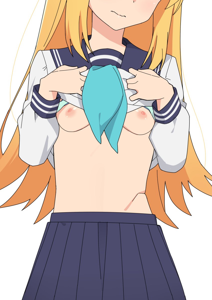 blonde_hair green_bra head_out_of_frame koshi_torako long_hair morisobo school_uniform shikanoko_nokonoko_koshitantan skirt small_breasts white_background