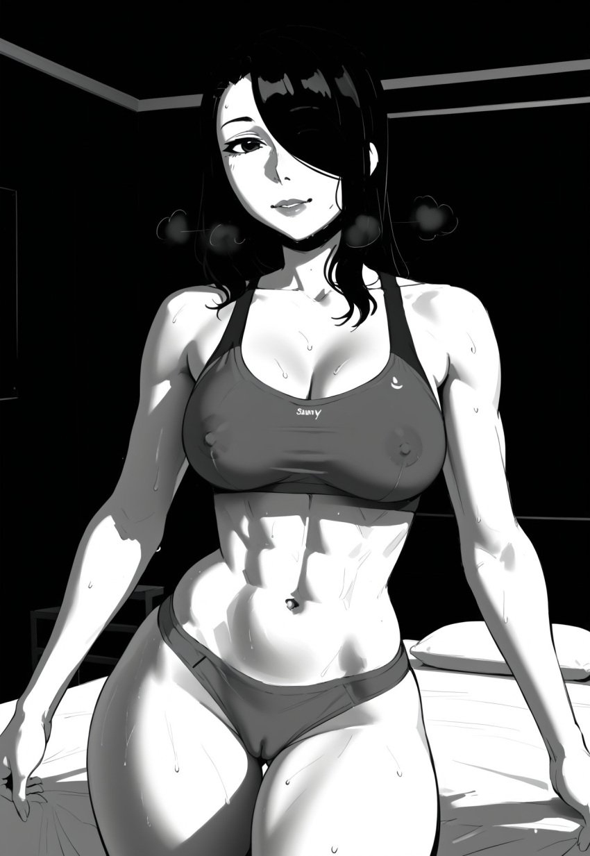 ai_assisted ai_generated bedroom bedroom_eyes black_and_white black_eyes black_hair bra cameltoe civitai female female_focus female_only hair_over_one_eye ihatethemic light_skin medium_breasts monochrome naked nila_(telepurte) nipple_bulge nipples_visible_through_clothing nude one_eye_covered one_eye_obstructed panties smile smiling solo solo_female solo_focus sports_bra sports_panties straight_hair sweat sweating sweaty sweaty_body tagme thick_ass thick_thighs toned toned_body toned_female toned_stomach underwear visible_breath white_body white_skin wide_hips