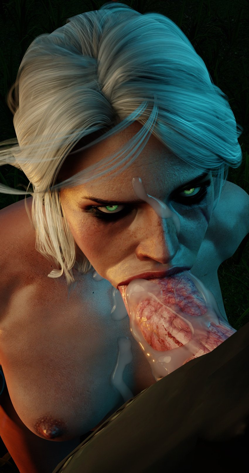 blendguardian blowjob breasts caretaker cd_projekt_red ciri cum cum_in_mouth cum_on_face fellatio female graveyard green_eyes head_grab light-skinned_female mascara monster night nipples nude oral_sex penis scar sucking_penis tattoo the_witcher_(series) the_witcher_3:_wild_hunt white_hair