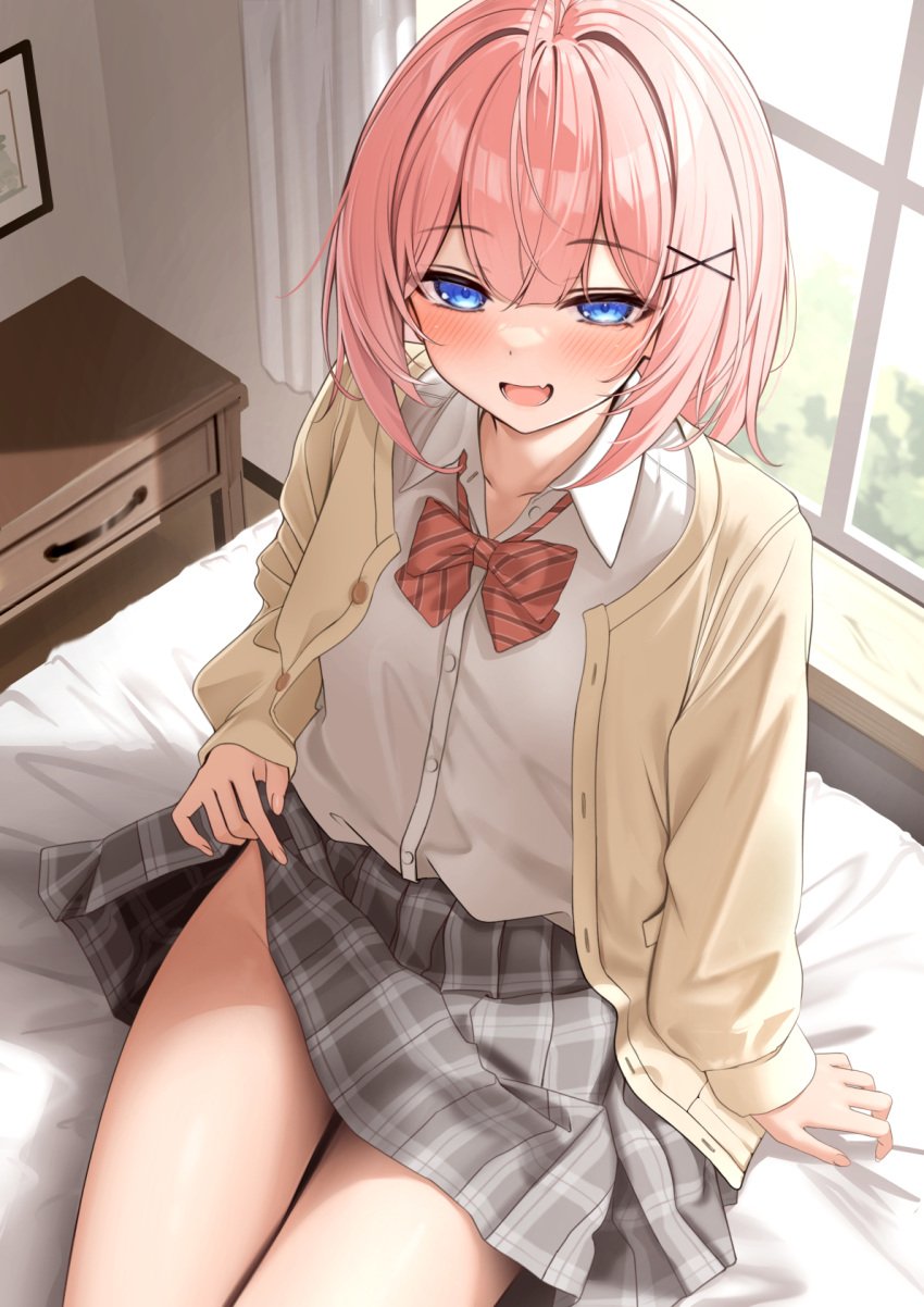 :d bed blue_eyes bow bowtie cabinet cardigan clothes_lift collared_shirt commentary_request curtains dress_shirt female fingernails from_above hair_ornament highres koakuma-chan_(monaka_curl) lifting_own_clothes long_sleeves looking_at_viewer monaka_curl no_panties on_bed open_cardigan open_clothes open_mouth original pink_hair plaid_clothes plaid_skirt presenting red_bow red_bowtie school_uniform shirt skirt skirt_lift smile solo striped_bow striped_bowtie striped_clothes thighs white_shirt window x_hair_ornament yellow_cardigan